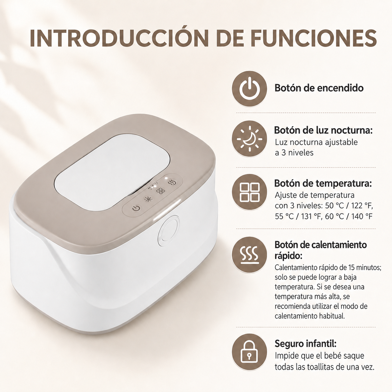 Calentador de Toallitas Húmedas para Bebé con Luz Nocturna y Temperatura Ajustable