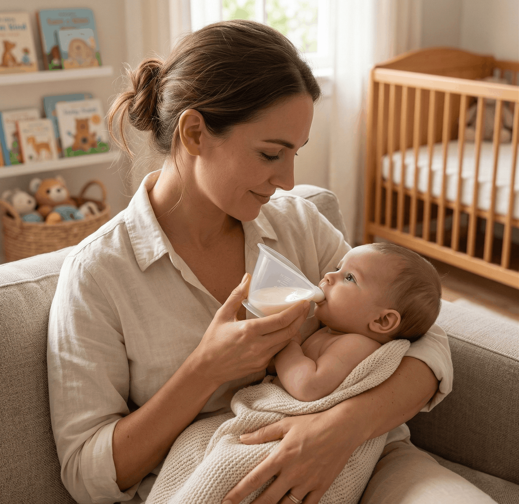 mama alimentando a bebe con el vaso de alimentacion complementaria de grado medico 